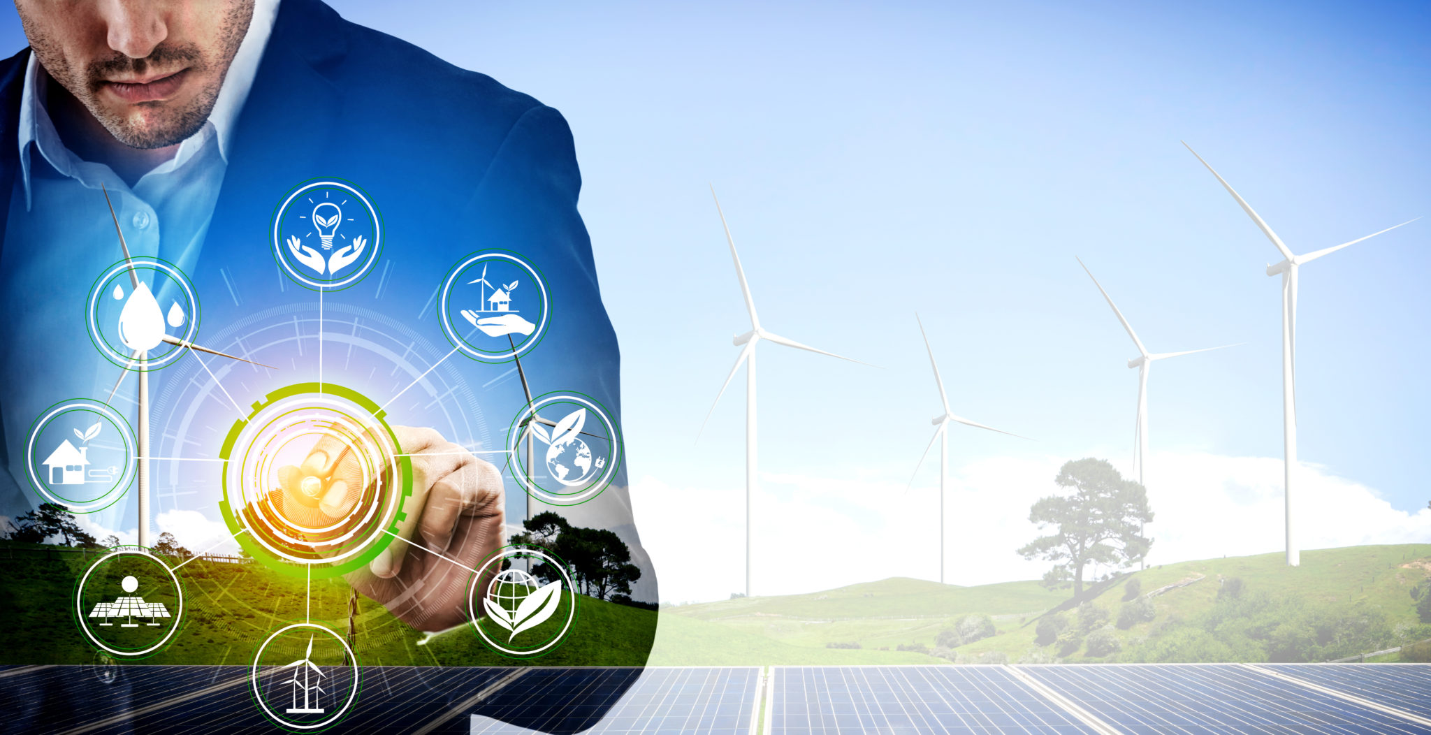 Double exposure graphic of business people working over wind turbine farm and green renewable energy worker interface. Concept of sustainability development by alternative energy.